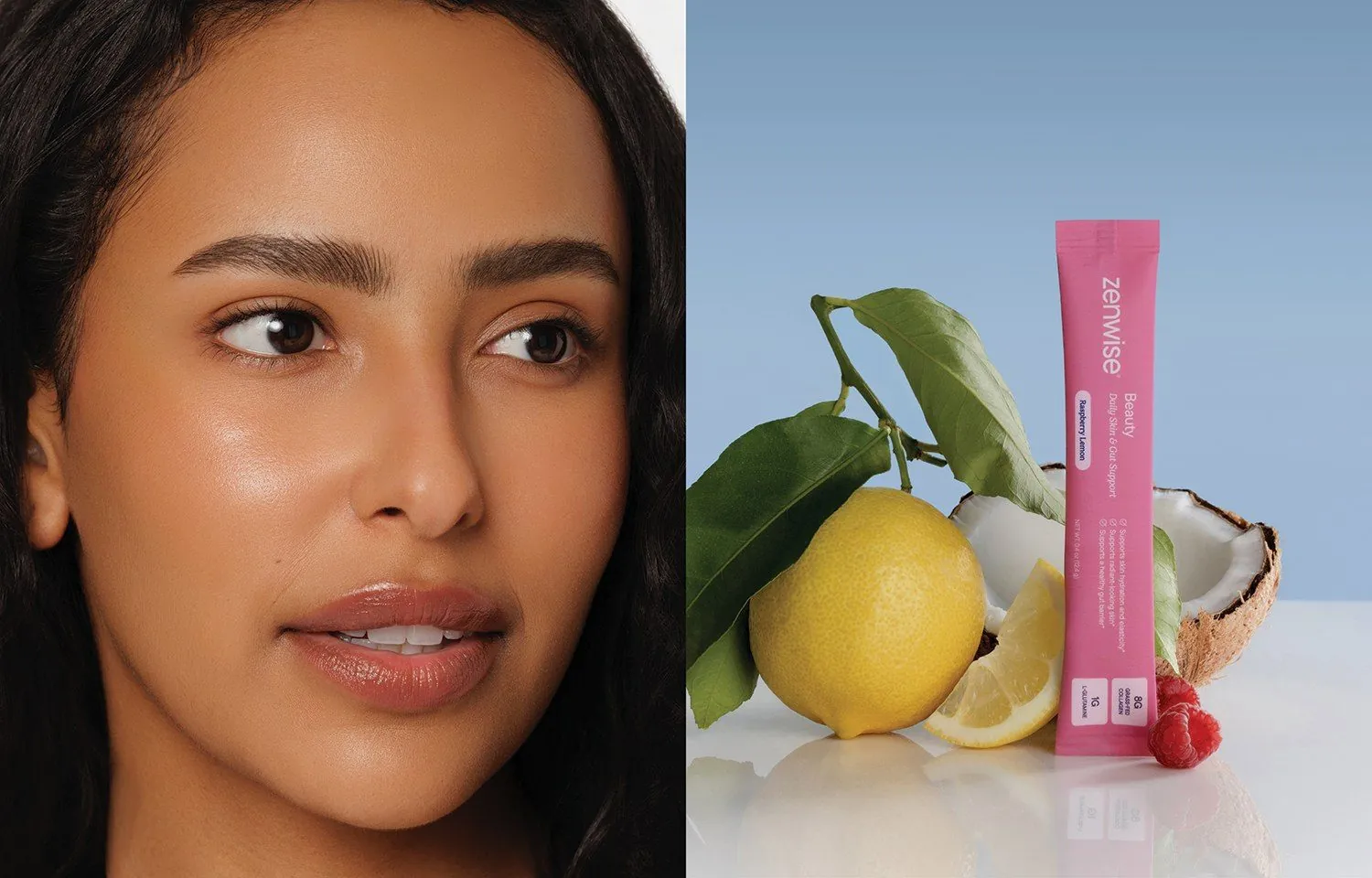Zenwise Beauty: model portrait beside the Beauty stick with lemon, coconut and raspberries