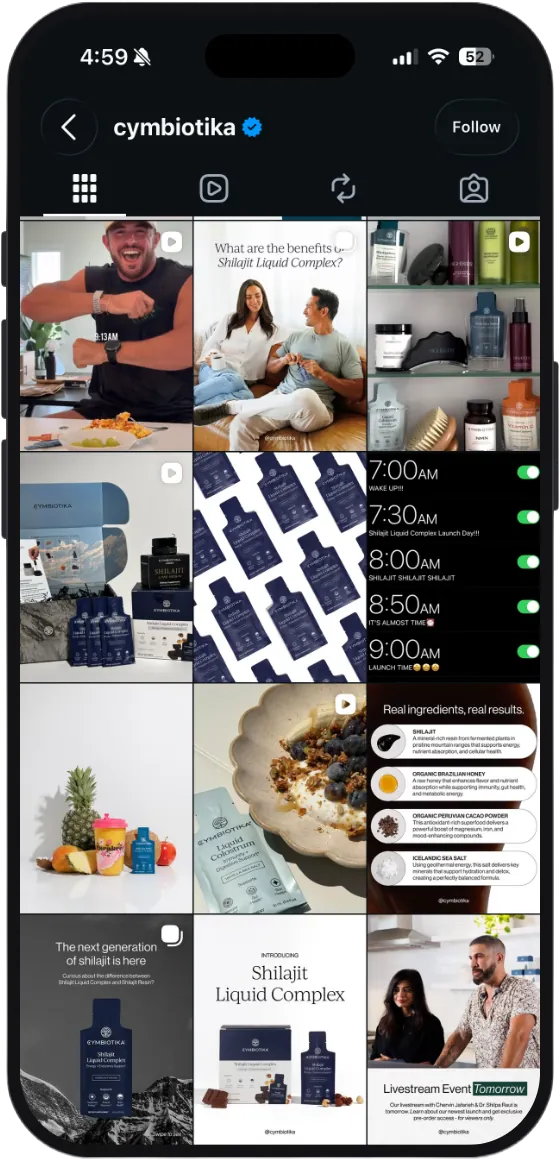 Cymbiotika Instagram grid during the Shilajit Liquid Complex launch