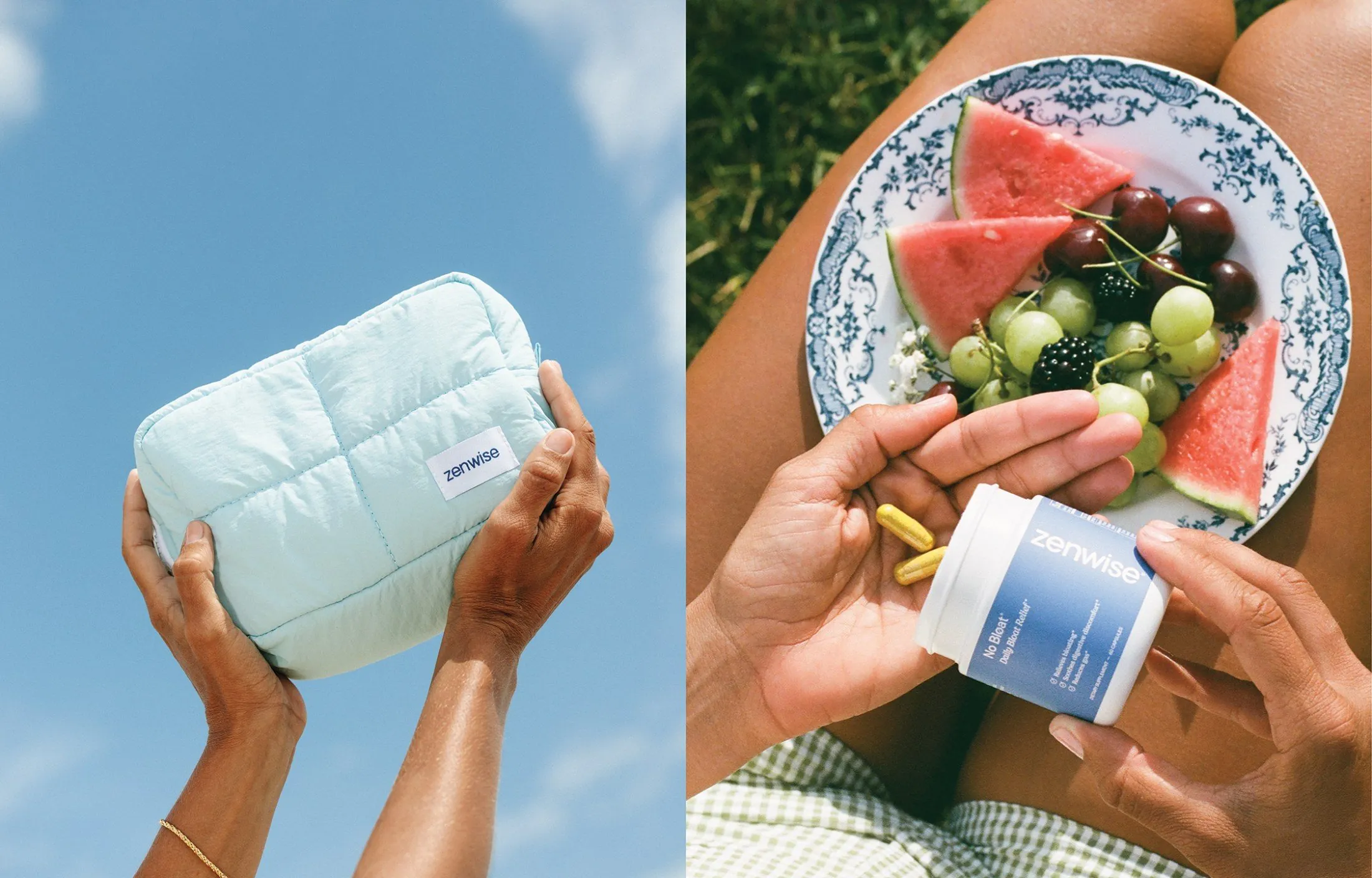 Zenwise Travel Pouch held against the sky, and No Bloat with a summer fruit plate